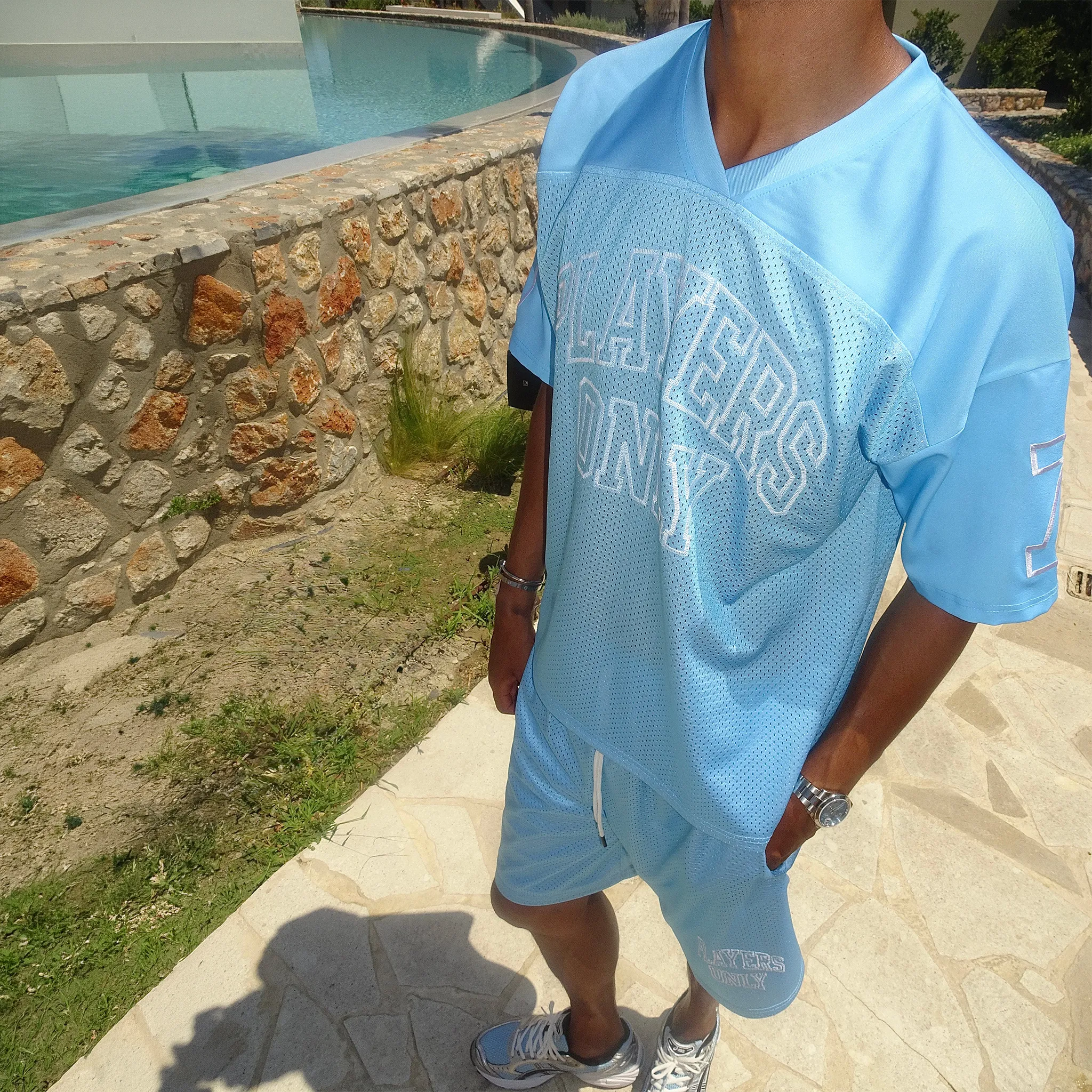 Front Side View of Players Only Mesh Blue Jersey